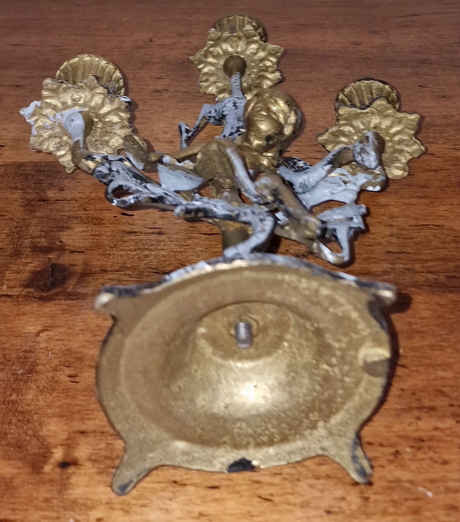 Candelabro com 3 braços e Anjo em Latão Sólido Dourado e Azul Vintage