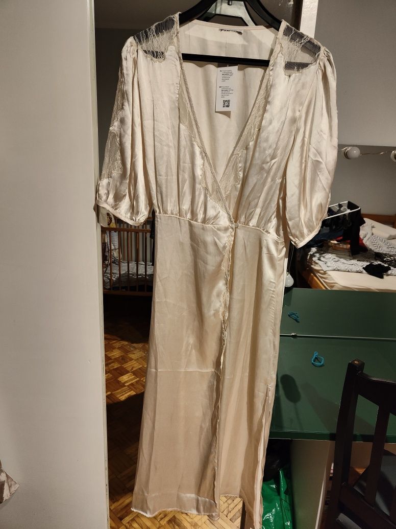 Topshop piękna satynowa sukienka z dekoltem na zakładkę XL