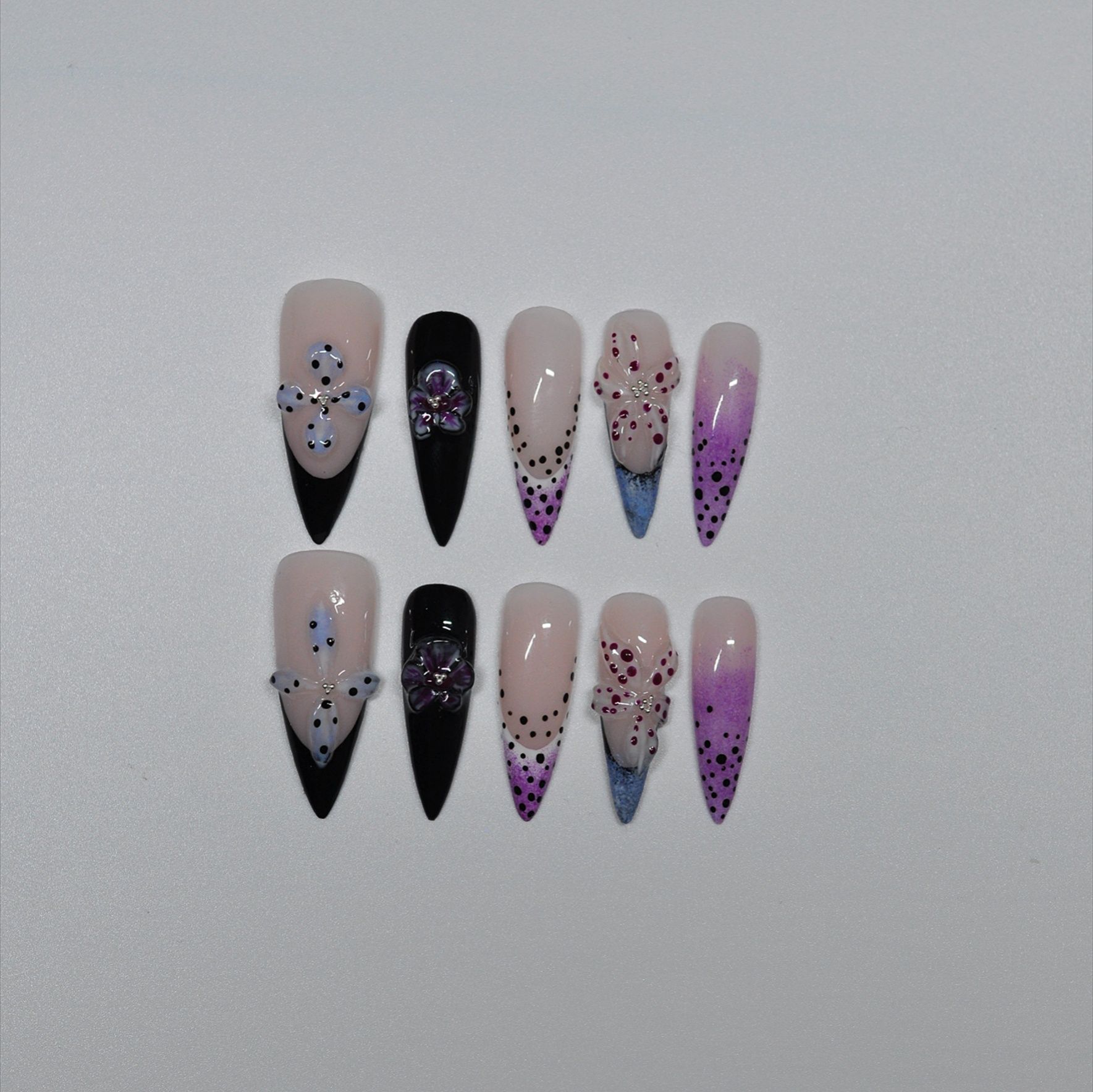 Tipsy szpice | kwiaty | fiolet i niebieski | french | kwiaty 3d rozm.M