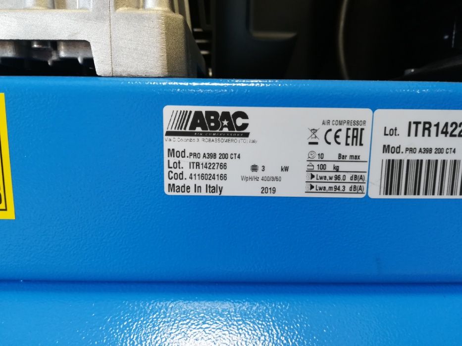 sprężarka ABAC PRO A39B 200l 3kW 400V kompresor 10 bar 486 l/min