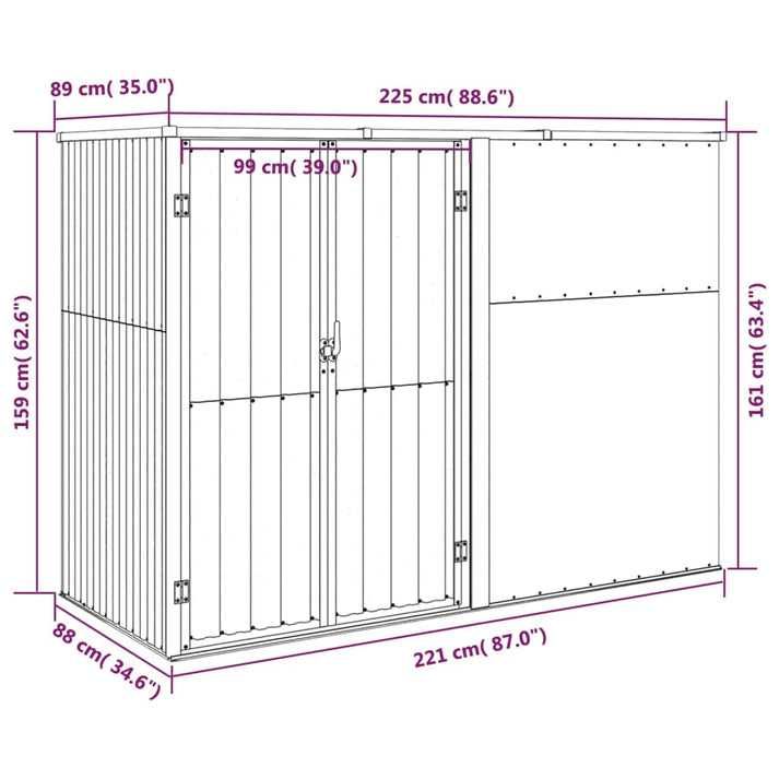 Abrigo p/ ferramentas jardim 225x89x161cm aço galvanizado cinza