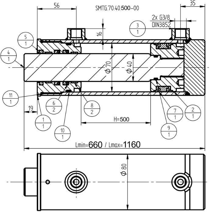 Siłownik Hydrauliczny SMTG 70x40x500 Dwustronnego działania [2208]