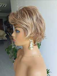 Peruka naturalna fryzura blond z odrostem krótka peruka damska KBS-21