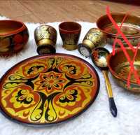 Хохлома, расписной набор деревянной посуды