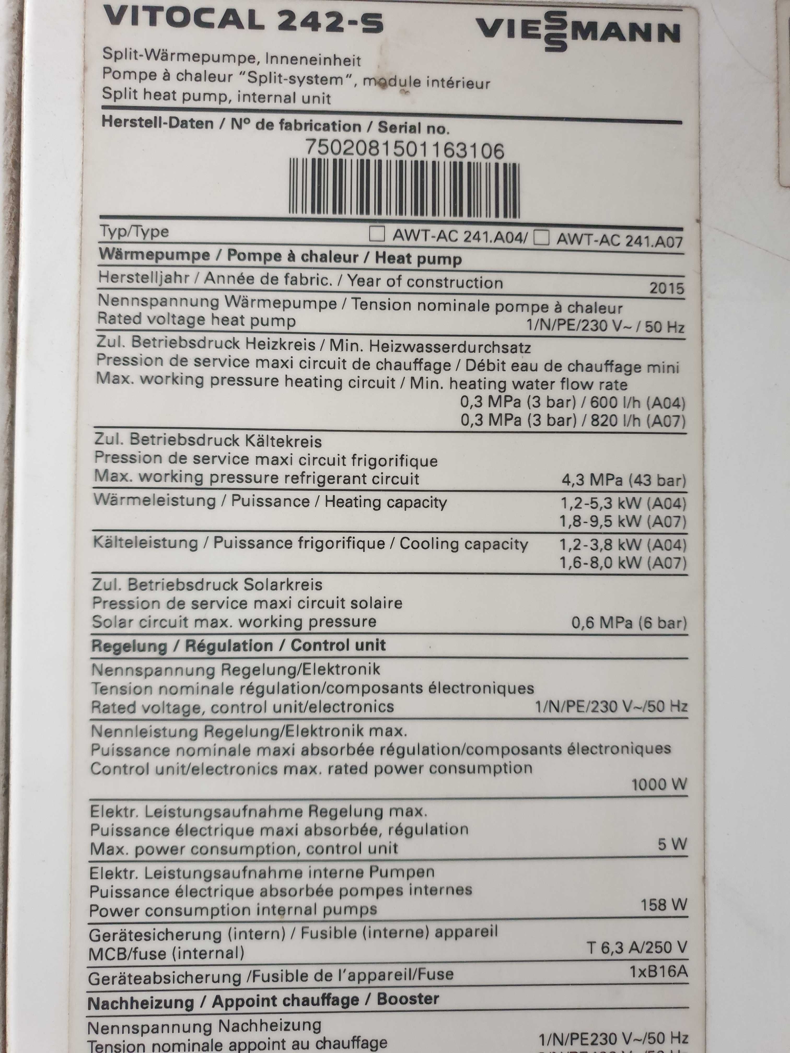 Pompa Ciepła Viessmann VITOCAL 242 S Bez jednostki zewnętrznej