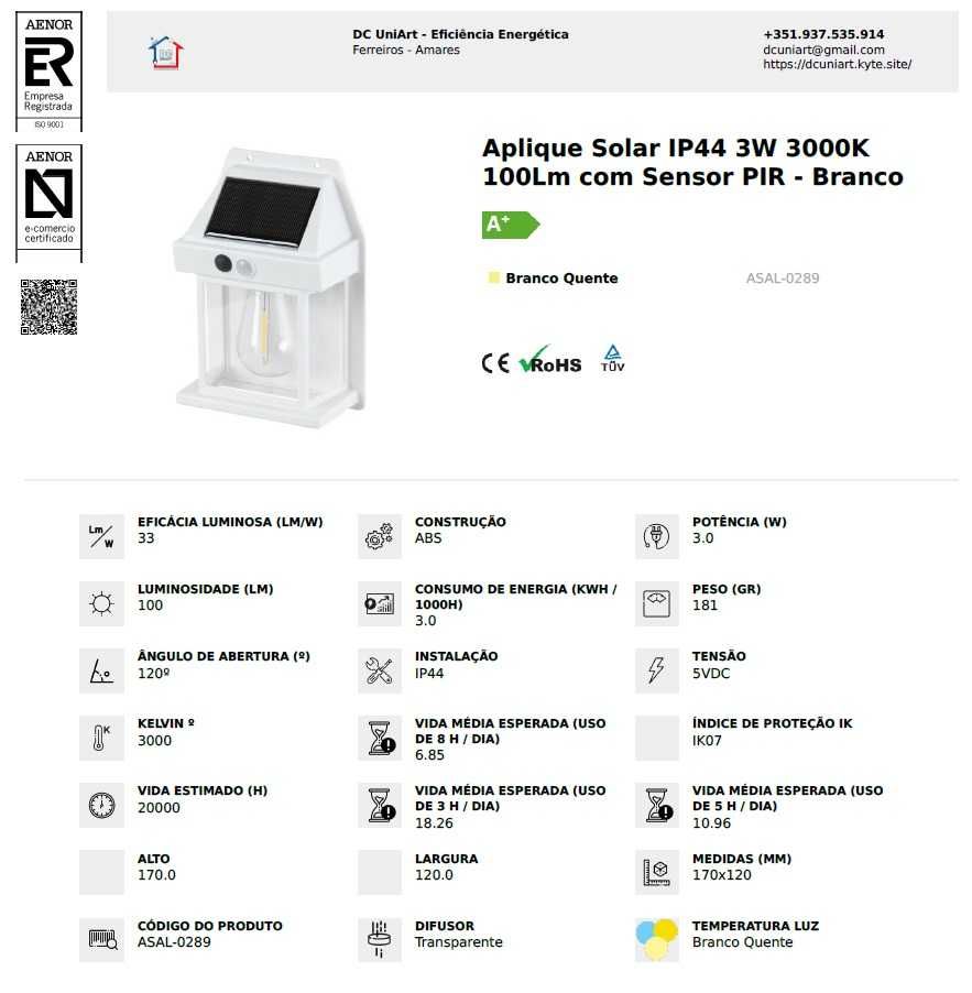 Aplique Solar IP44 3W 3000K 100Lm com Sensor PIR - Branco