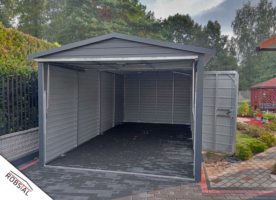 Garaż Blaszany dwuspadowy 3x5m ciemny grafit + złoty dąb