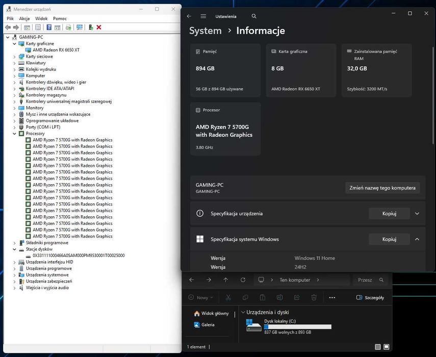 Komputer Gamingowy Ryzen 7 5700G, RX 6650 XT, 32GB, 1TB SSD + 1TB HDD