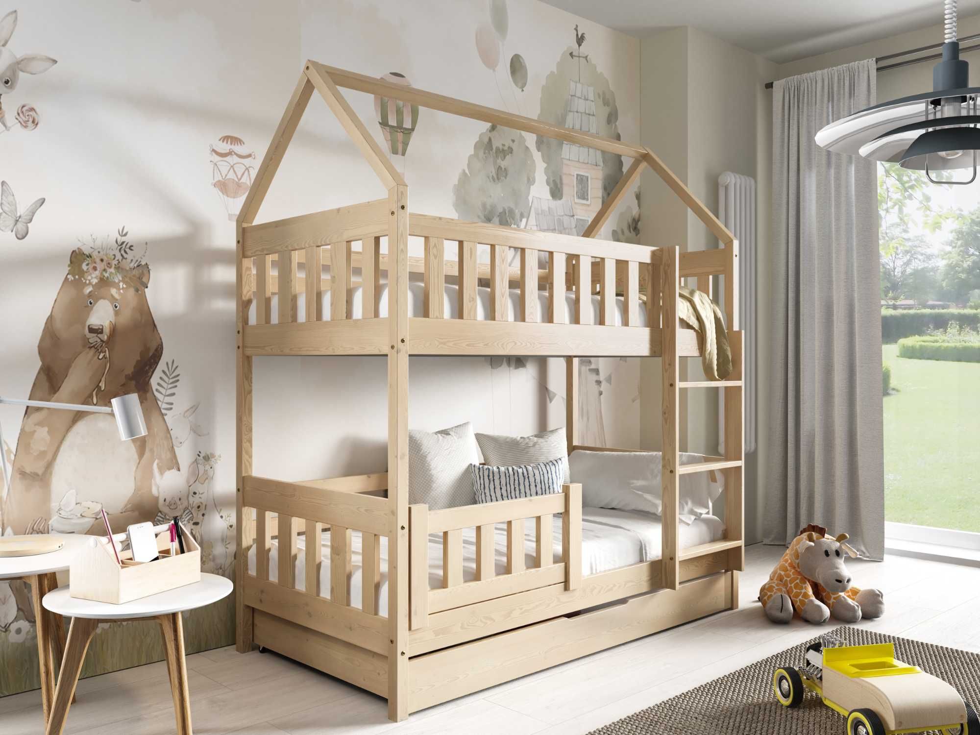 Drewniane łóżko piętrowe domek dla dzieci ZUZIA + materace