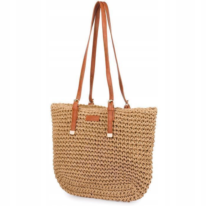 Brązowa Torba plażowa duża na lato rączki suwak solidna plecionka