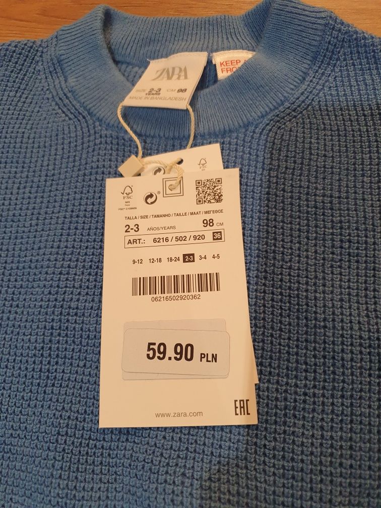 Sweter Zara chłopięcy niebieski 98 2-3 lata