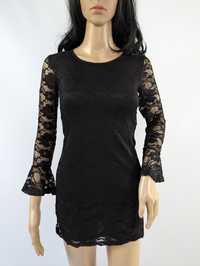 Nowa czarna krótka koronkowa sukienka długi rękaw poszerzany DXEL