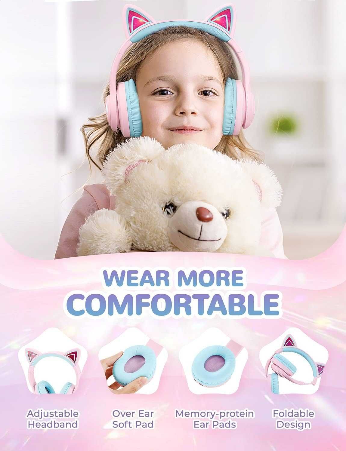 Słuchawki bluetooth dla dziewczynek kocie uszy RGB świecące, mikrofon
