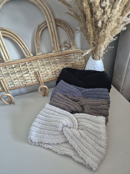 Opaska dzianinowa 4pak ecru brąz szary czarny opaska na głowę uszy