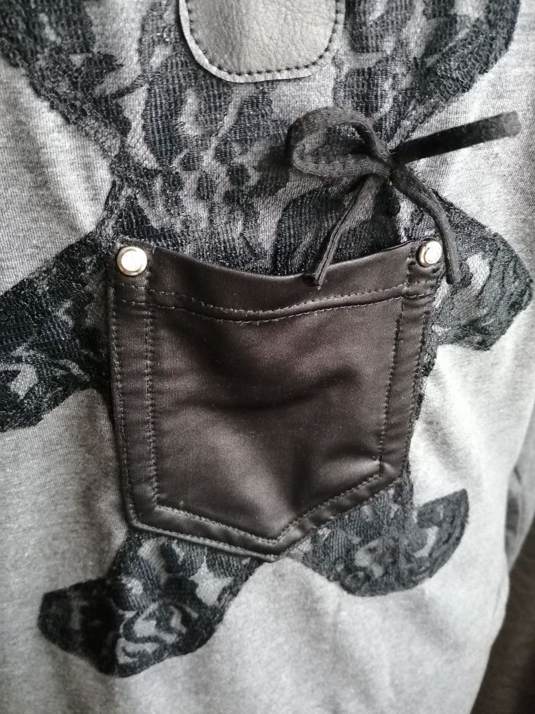 Bluzka hande made z aplikacja z koronki i skóry L XL