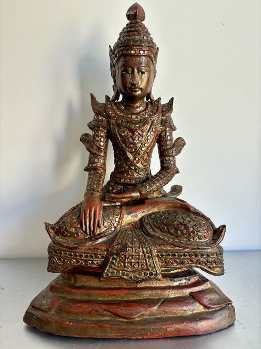 Unikatowa Stara drewniana Rzeźba Buddy z Birmy misternie wykonana Top