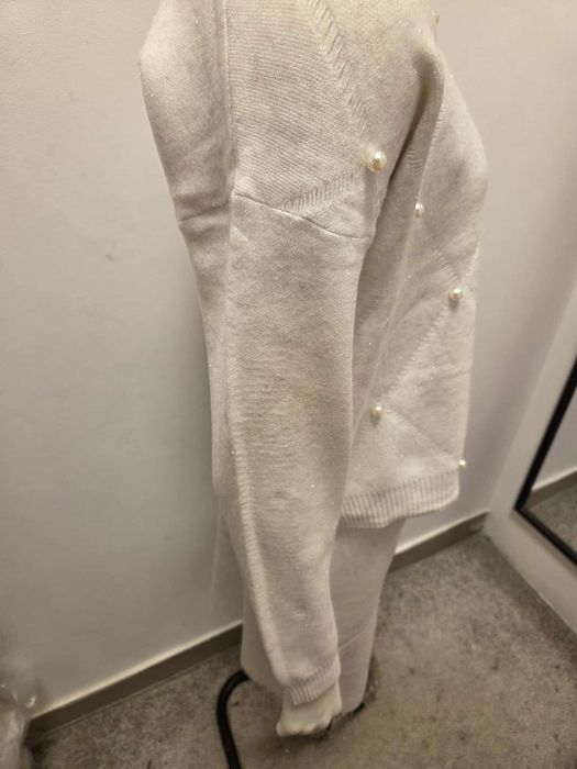 Damski Komplet Swetrowy Sukienka + Sweter Biały   S M