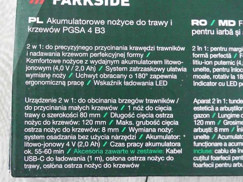 Nożyce do trawy i krzewów 2w1 Parkside PGSA 4 B3 Aku