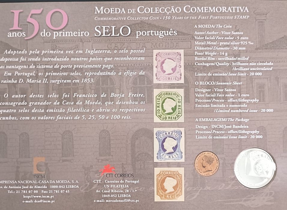 150 Anos do primeiro selo Português com Moeda 5Eur e selo 1Eur
Moeda