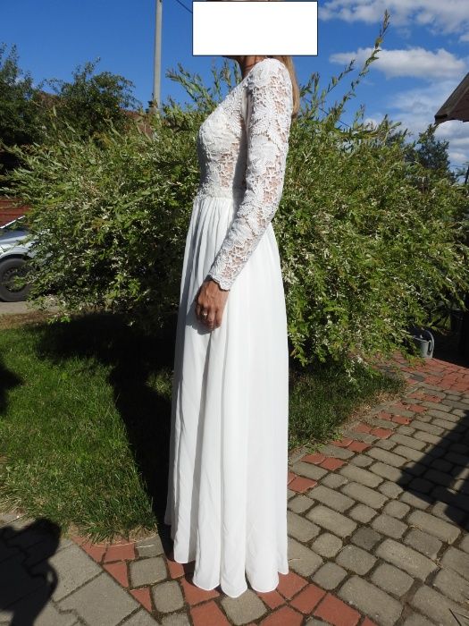 Suknia ślubna z długim rękawem, rozcięcie na udzie, rozmiar 34-36