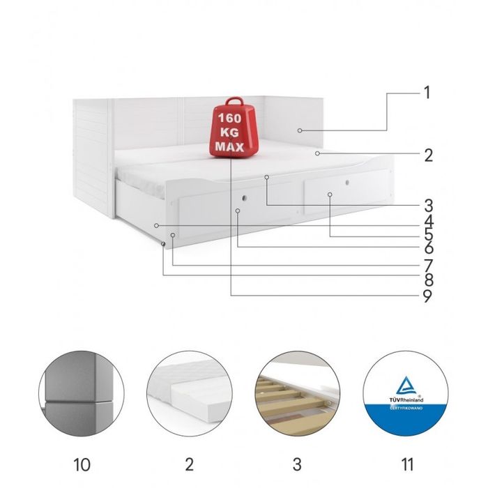 Łóżko młodzieżowe dwuosobowe rozkładane HERMES 80X200 z szufladą