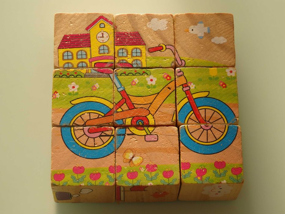 Drewniana układanka kostki a'la puzzle pojazdy 6 obrazków 9 kostek