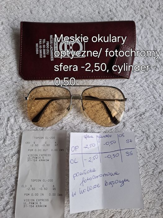 Okulary optyczne męskie vintage  fotochromy, szkła -2,50, cylinder 0,5
