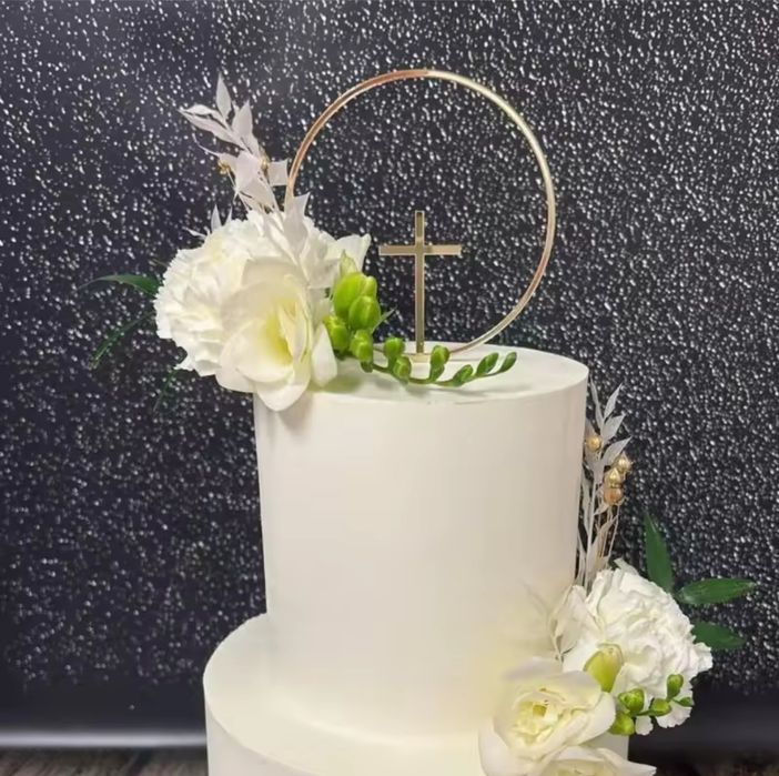Krzyż w okręgu- topper na tort komunijny Chrzest.