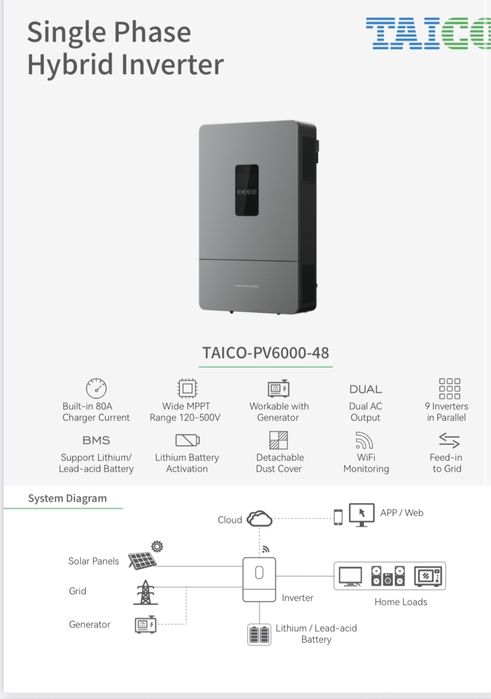 Інвертор однофазний гібридний 5 квт TAICO