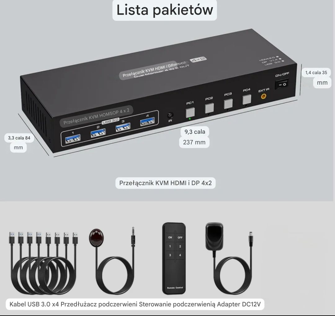 Przełącznik KVM 4k 4x2 zestaw