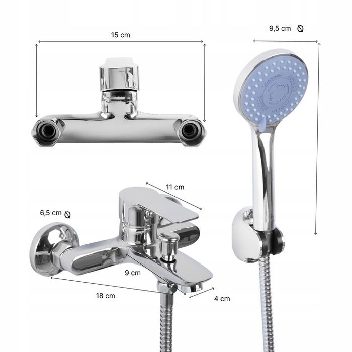 Bateria Wannowa Prysznicowa Ścienna Kran Do Wanny Wąż Słuchawka Chrom