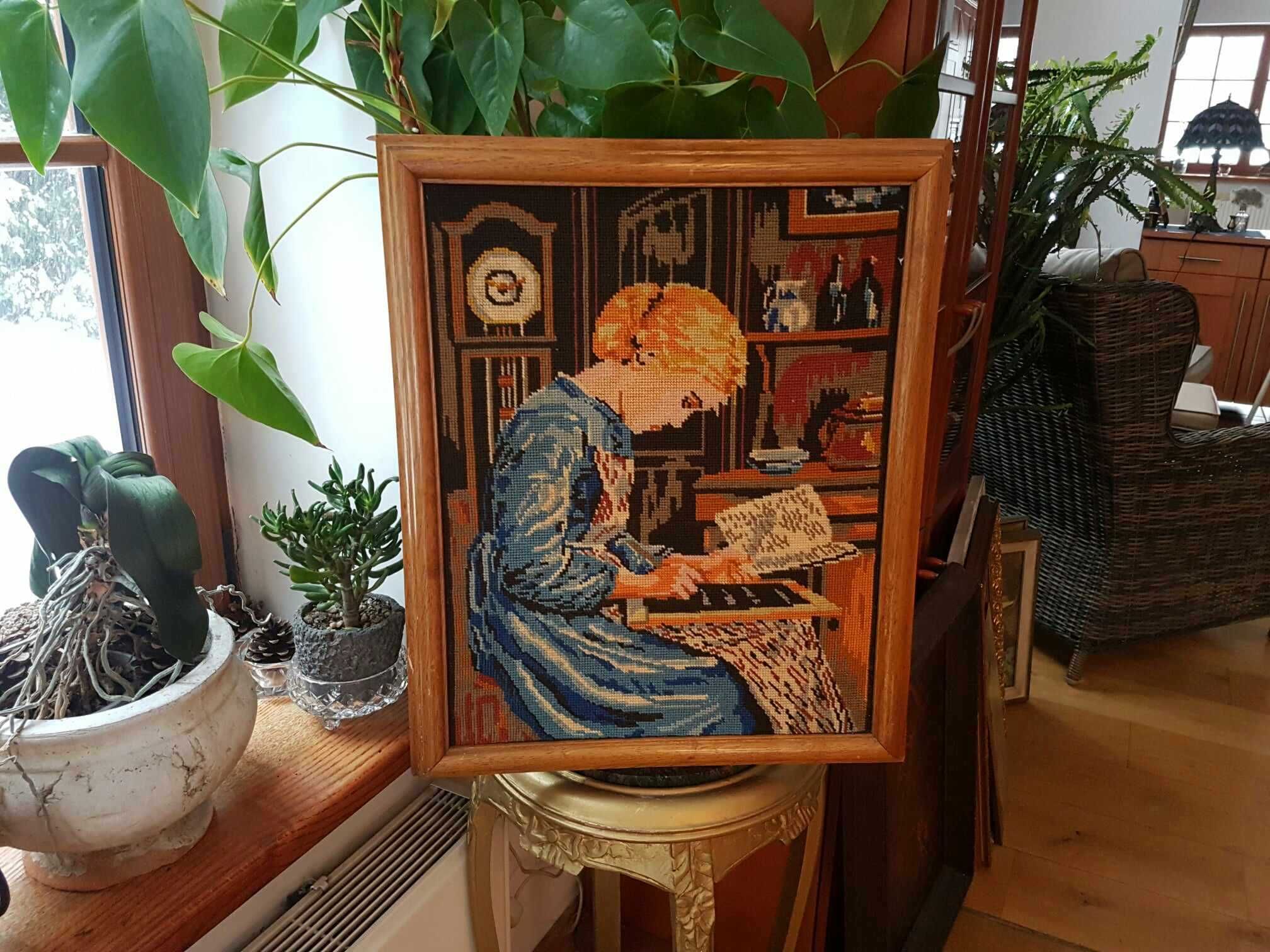 Obraz GOBELIN haft "Pisząca dziewczyna z książką" w ramie 41x51 cm