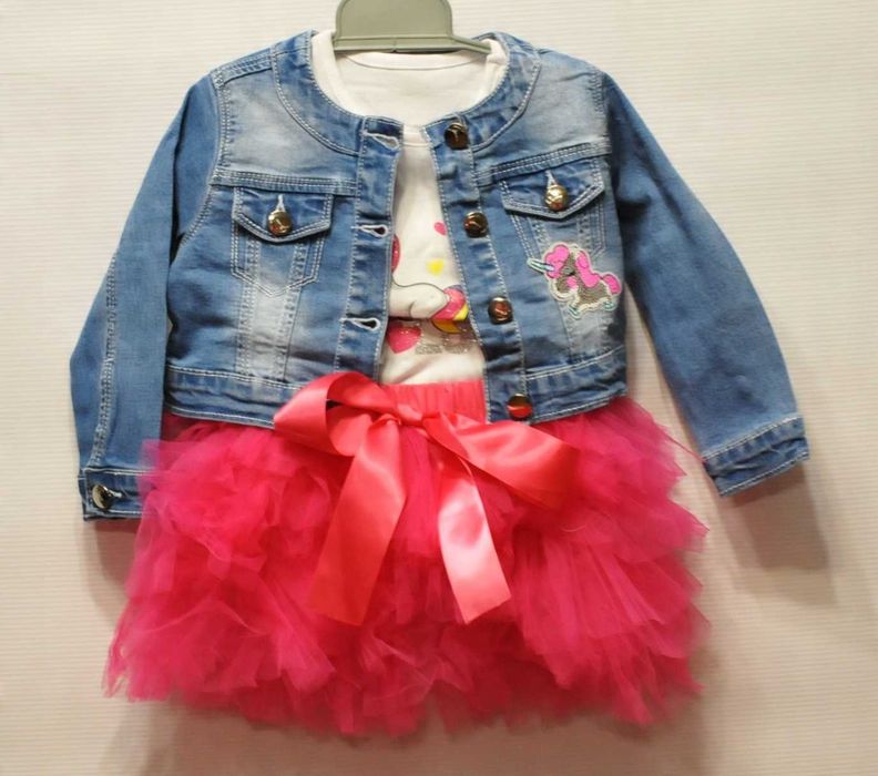 Wyprzedaż 3 szt Komplet kurtka jeans bluzka spódnica tiul 86-92/98-104