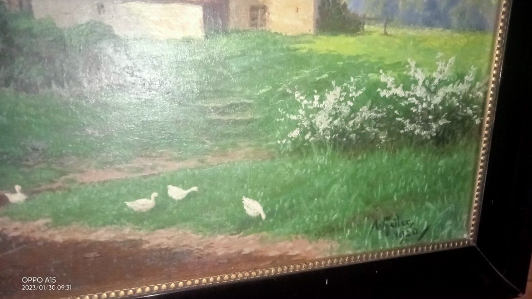 Stary obraz olejny płótno, Pejzaż Obejście Wiejsk. Sygn. Seiler 1920r.