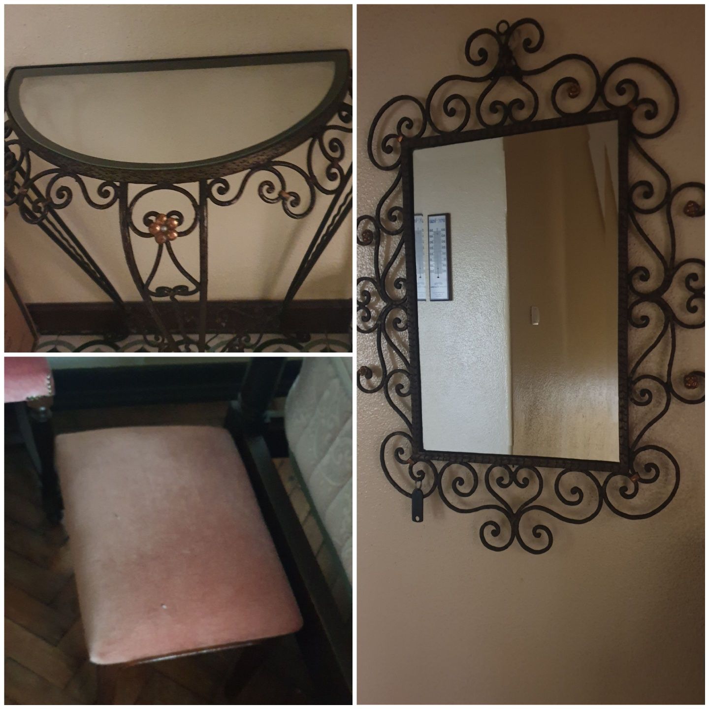 Mesa de ferro e espelho igual + banco de quarto de veludo