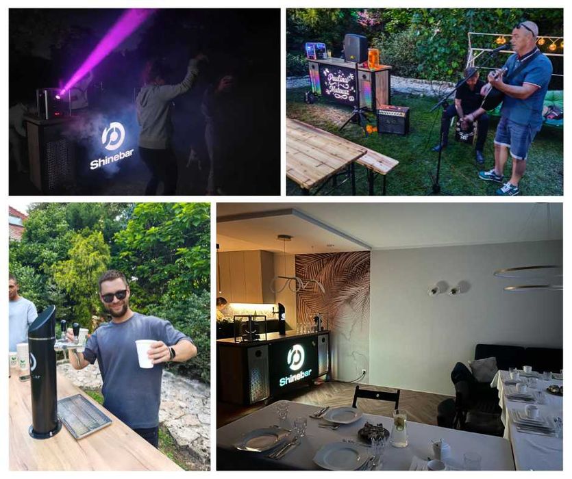 Mobilny bar imprezowy – Shinebar, nagłośnienie, światła, nalewak, dym