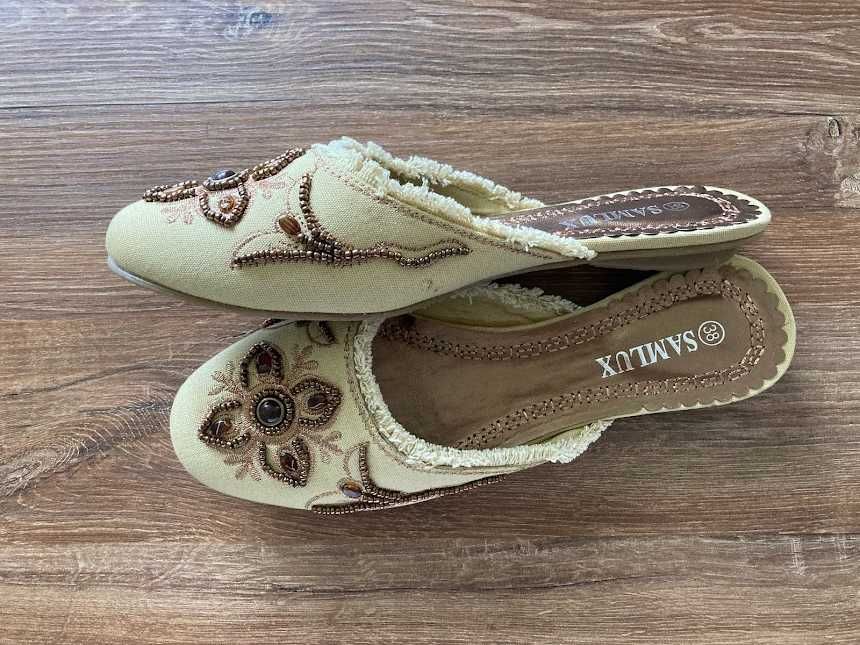 Klapki pantofle damskie beżowe brązowe 38 wsuwane haftowane Samlux