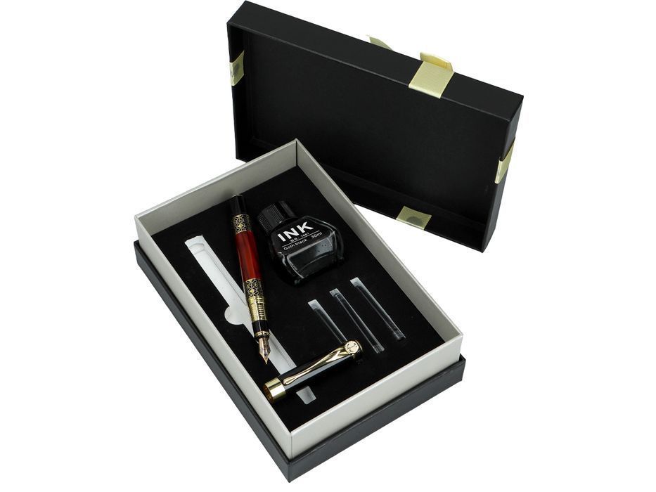 Pióro wieczne w ozdobnym etui, bordowe + tusz i naboje