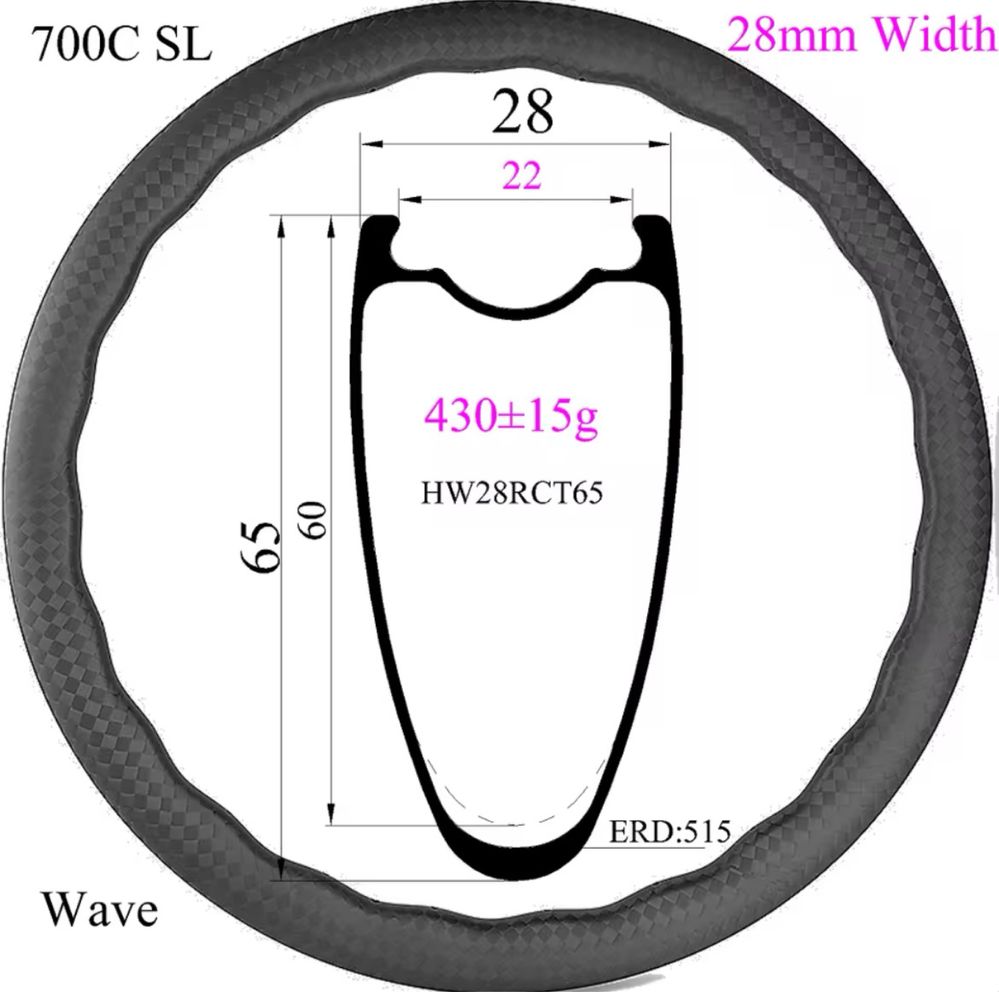 Obręczy karbon 6560 + dodatki! 430gr. Szer. 22/28 mm, Nypel wewnętrzny