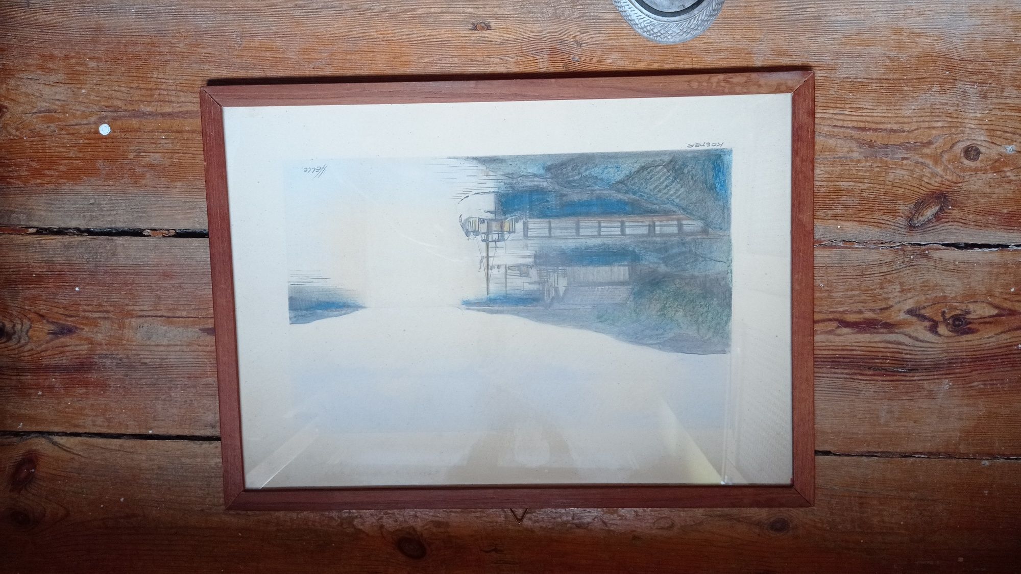 Obraz Grafika Gwasz Kredka Orginał port łódka morze sygnowany Norway