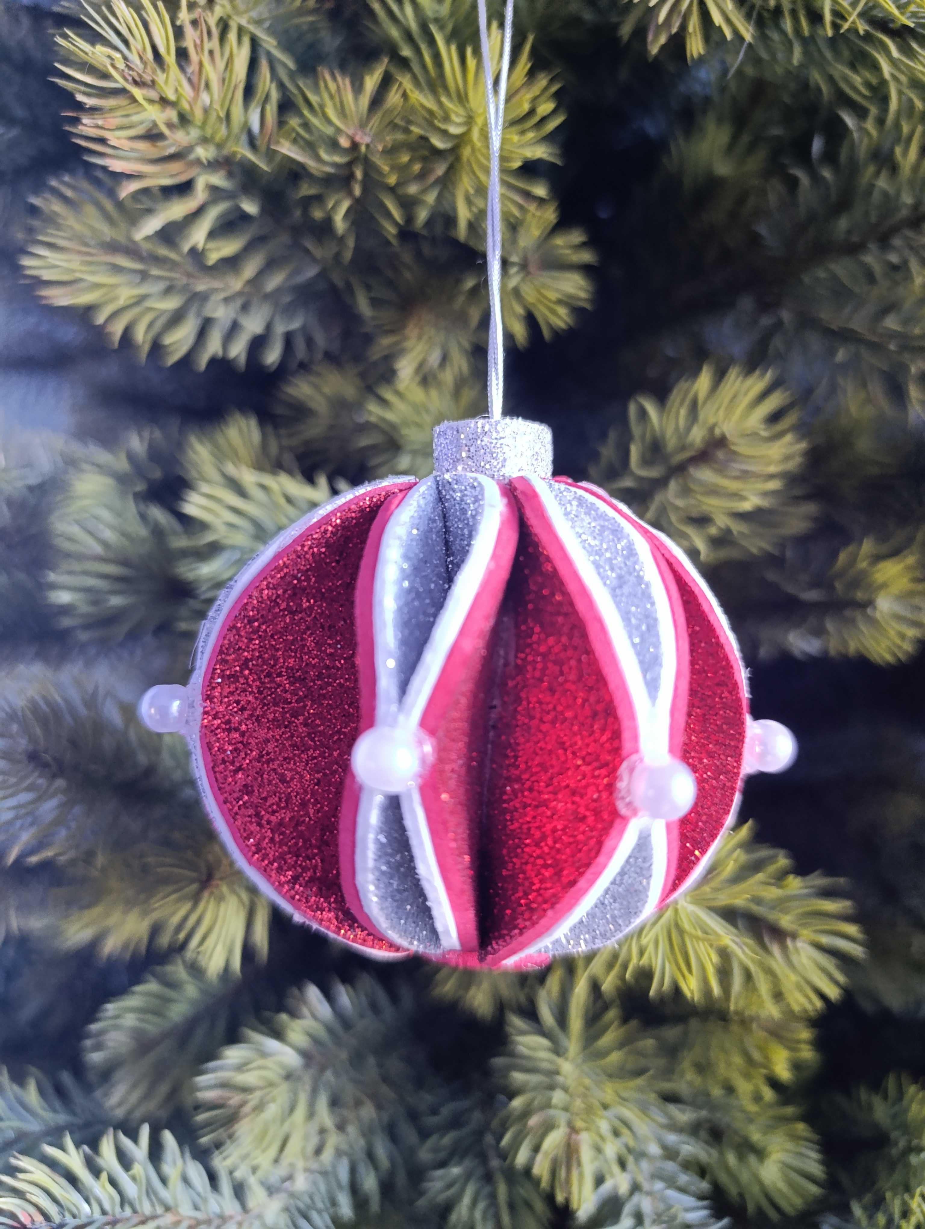 Bombki handmade świąteczne z pianki brokat srebrne czerwone na choinkę