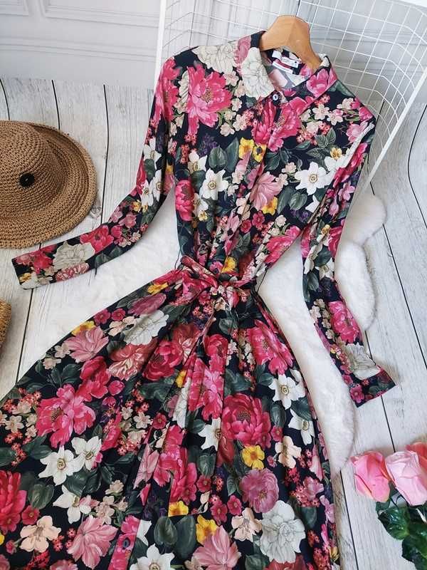 Reserved Sukienka Koszulowa Szmizjerka Wiązana Kwiaty Boho Hippie Folk