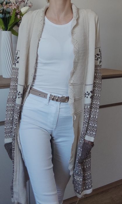 Cream dlugi kardigan sweter wzór norweski 100% bawełna s 36