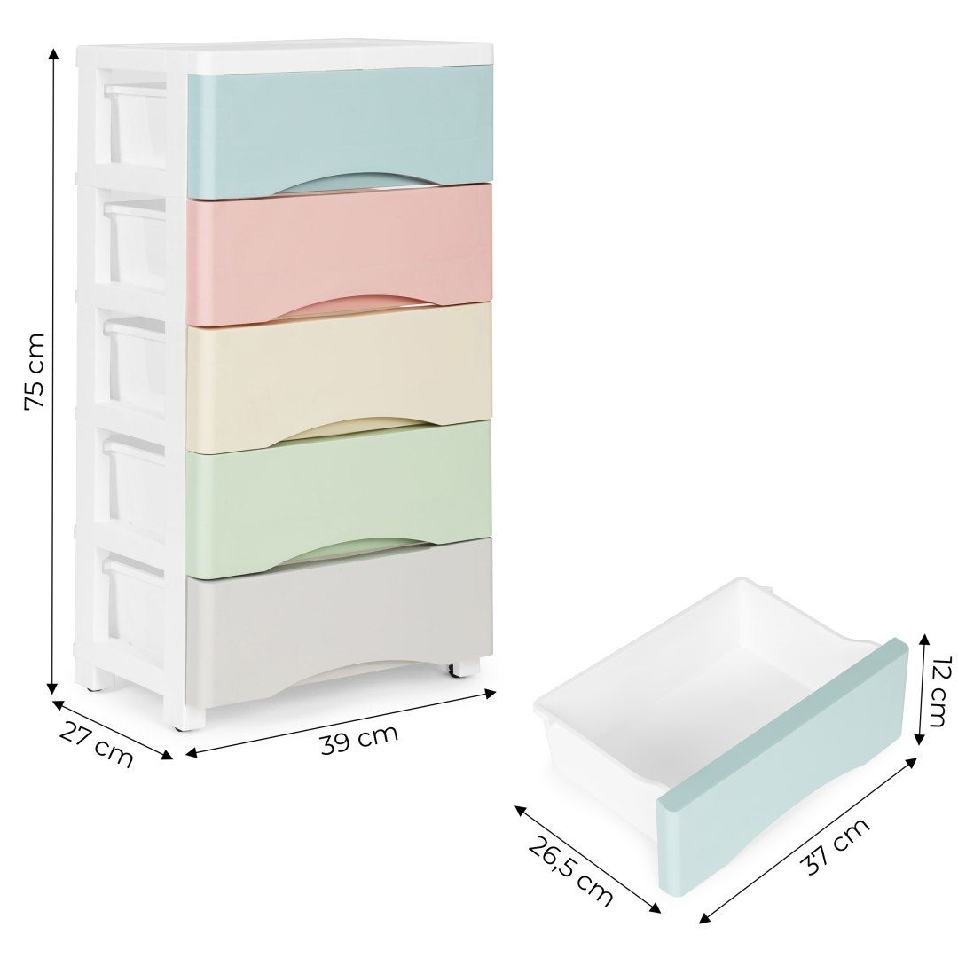 Regał z 5 wysuwanymi szufladami nogi z kółkami kolorowe szuflady
