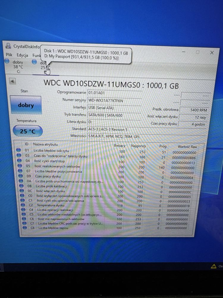 Dysk zewnętrzny 1TB/1000GB, Wd My Passport 4h pracy!