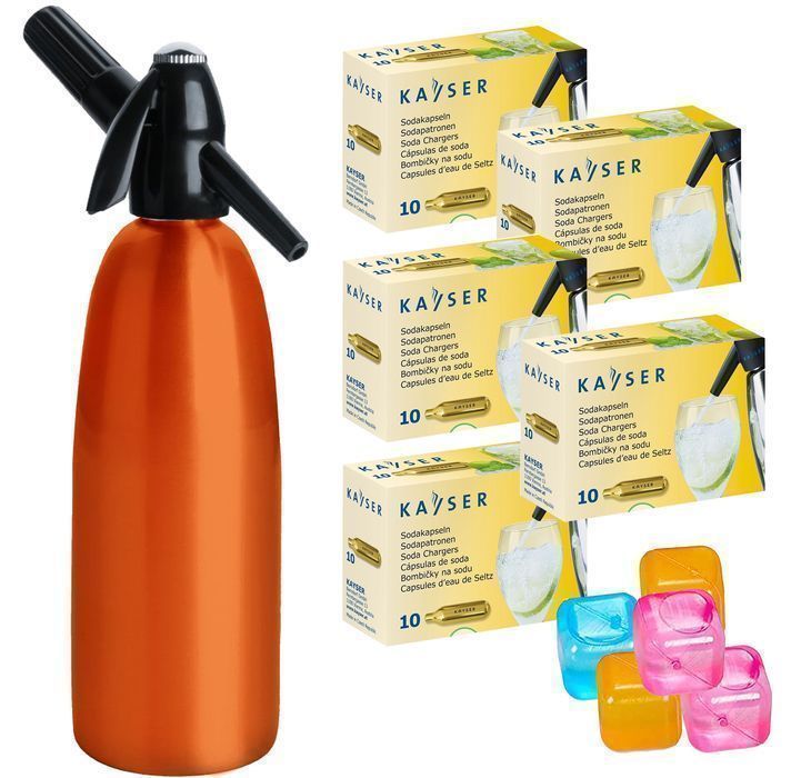 Saturator syfon do wody sodowej pomarańcz 1L +50 naboi +5 kostek lodu