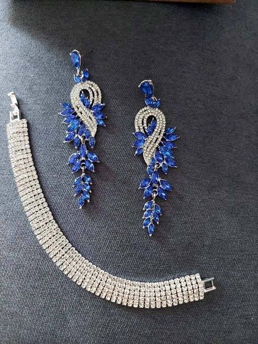 Komplet kolczyki niebieskie kryształki srebrne cyrkonie branzoletkat