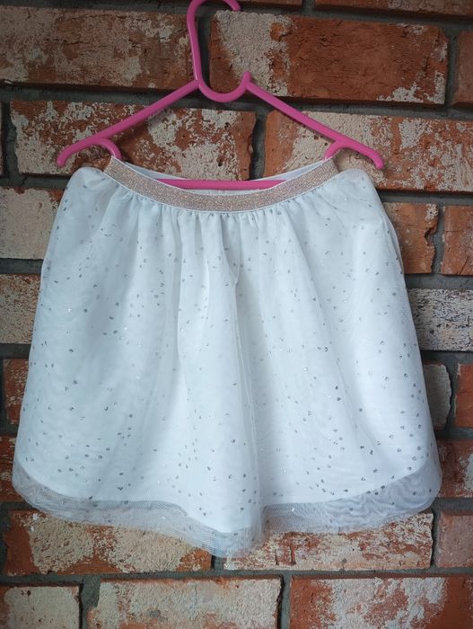 Biała spódniczka tiulowa w brokat, nowa, r. 122