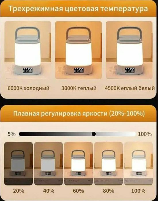 Светильник ночник с аккумулятором + часы,  зарядка usb, димер