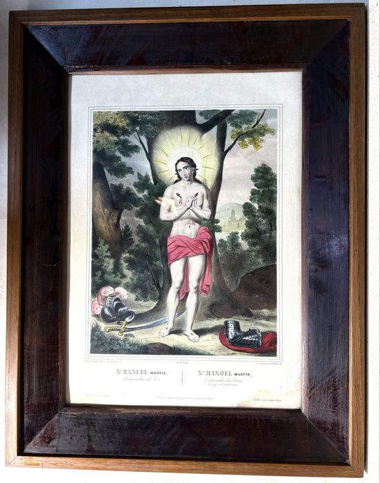 Antiga litografia colorida de Turgis emoldurada São Manuel Mártir